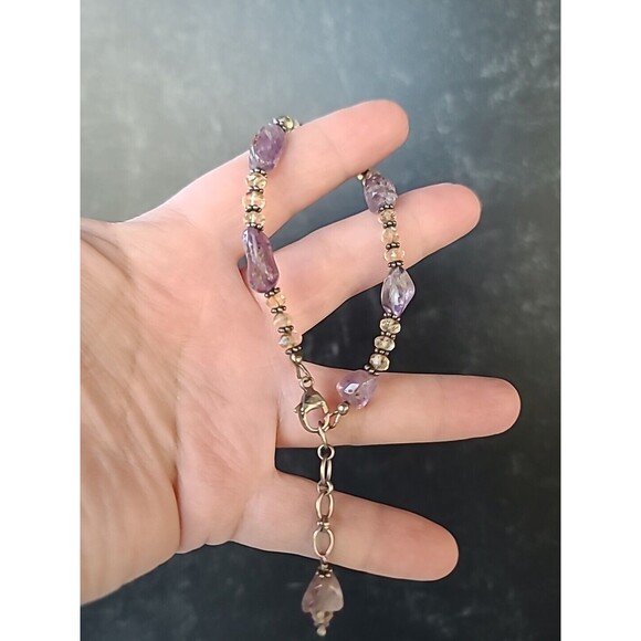 925 Sterling Silver Amethyst And Tourmaline Adjustable Beaded Bracelet Vintage - Picture 3 of 10